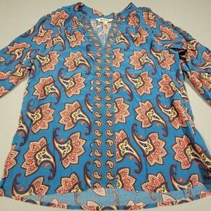 Boden Womens Tunic Blouse Size 4 Blue‎ Paisley Print Long Sleeve V Neck Top NWT